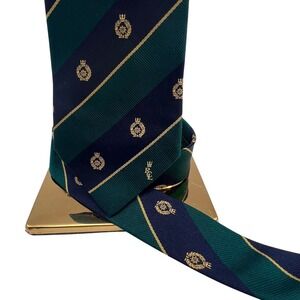 Matinique Silk Necktie Mens Green Navy Gold Crest Stripes Hand Made
